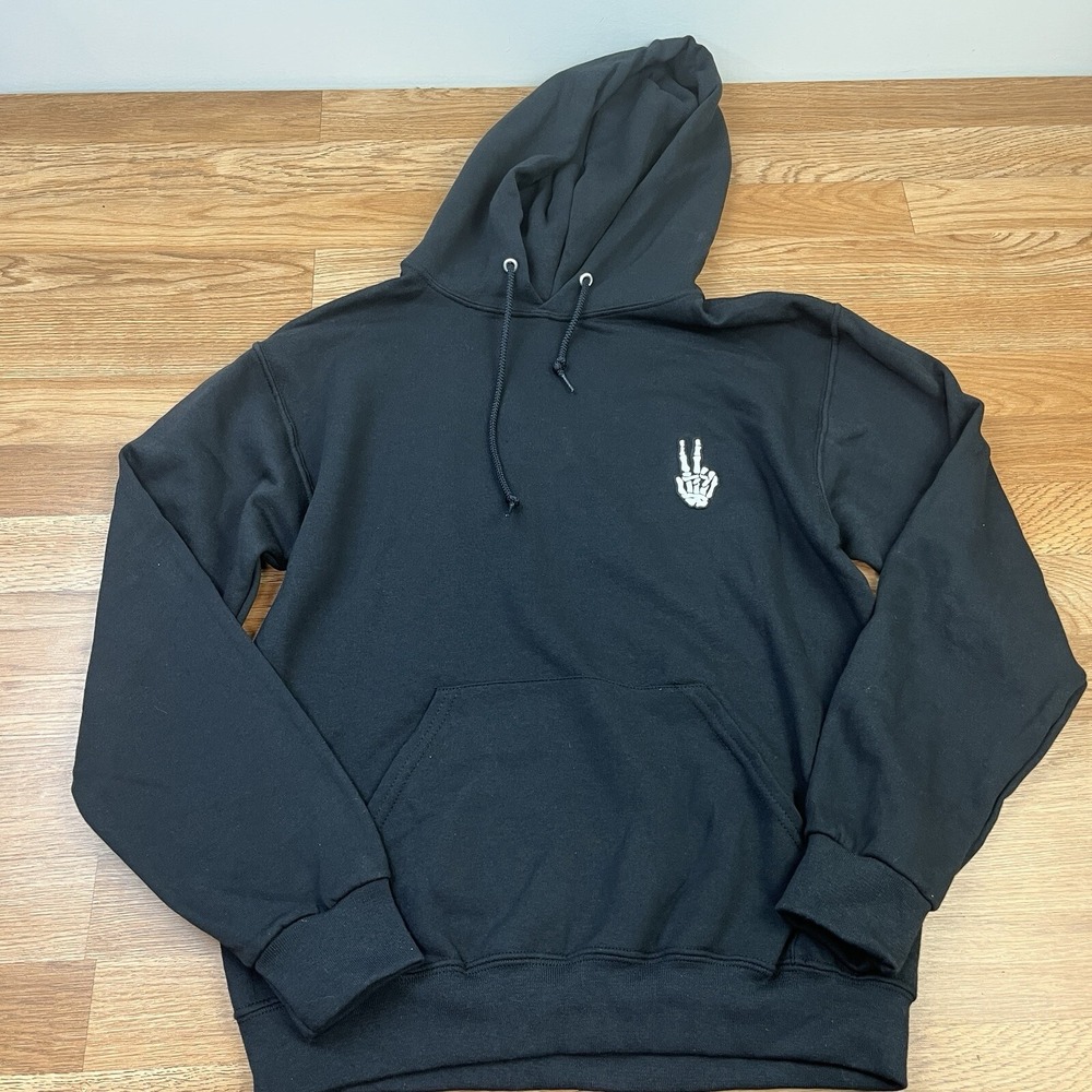 Bowery Supply Co Skeleton Peace Sign Black Hoodie Men's Size Small‎ NEW